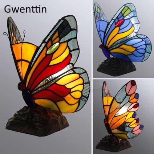 Tiffany Stained Glass Butterfly Table Lamps Bedroom Bedside Lamp Living Room Retro Home Deco Vintage Led Stand Light Fixtures