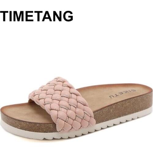 TIMETANGNew Womens Summer Beach Cork Slippers Weave Non-slip Slides Female Flip Flops Ladies Sandals Comfortable Home Shoes