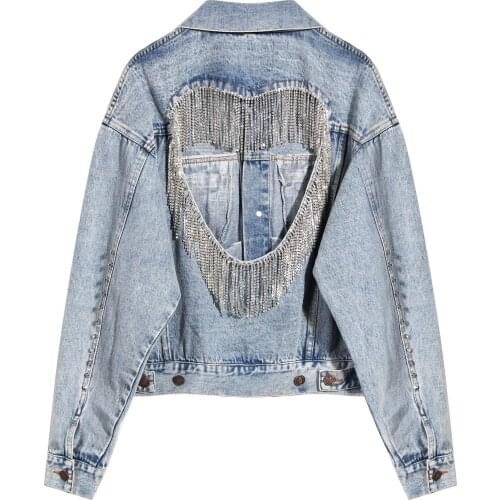 Fall Women Rivet Denim Jacket Hollow Hole Tassel Long Sleeve Jeans Jackets Female Chic Fashion Basic Coat Windbreaker Streetwear
