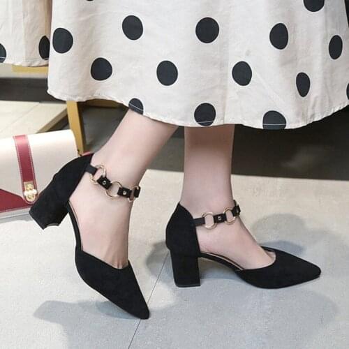 Womens Shoes 2019 New Spring High-heeled Single Shoes with Shallow-mouth Button Metal Button, Thick-heeled and Point-toed