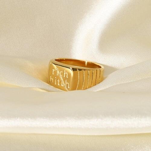 18k Gold Plated 316L Stainless Steel Rectangle Word Rich Bitch Lettered Rings For Women High Quality Waterproof Rings Jewelry