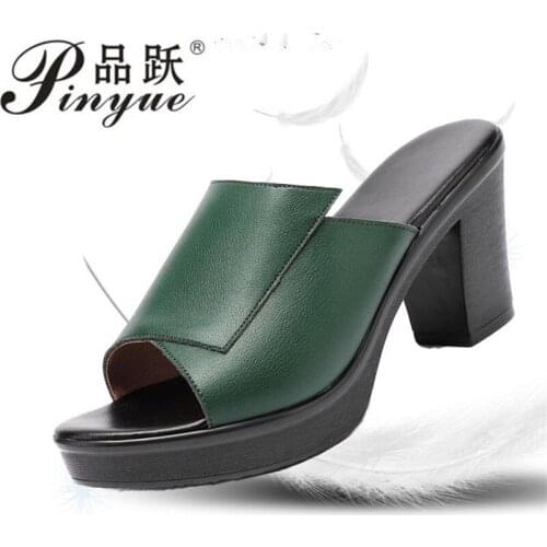 Ladies Summer Slippers Genuine Leather Shoes Women High Heels Fashion Summer Shoes size 35--41