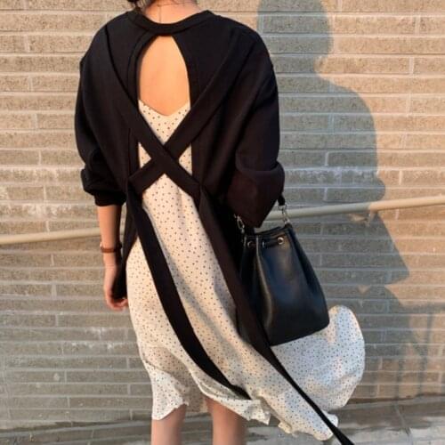 Lace Up Women Hoodies Sweatshirt long sleeve 2021 Spring Autumn Fashion Loose Irregular Oversized Pullovers