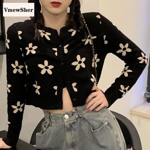 VmewSher New Flower Spring Autumn Women Sweater Cardigan Black Buttons Long Sleeve O Neck Female Short Knit Coat Floral Crop Top