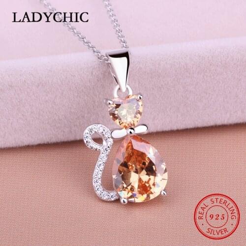 LADYCHIC Fashion Genuine 925 Sterling Silver Pet Cat Luxury Golden Zircon Pendant Necklaces Women Animal Jewelry Gift LNS1003