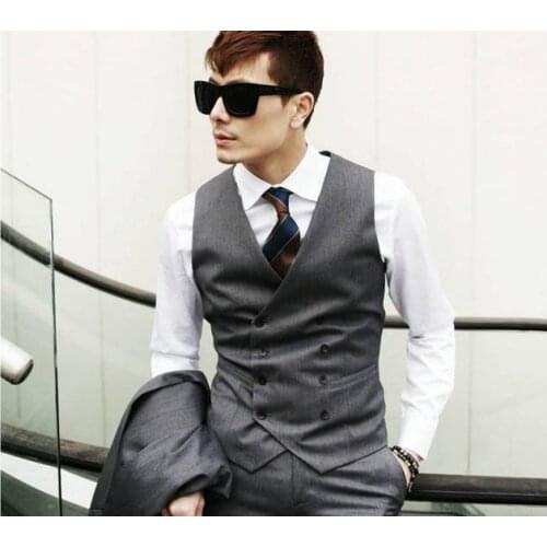 Hot Sale Slim Fit Grey Business Mens Vest Double Breasted Formal Occasion Vest Wedding/Prom/Dinner Waistcoat