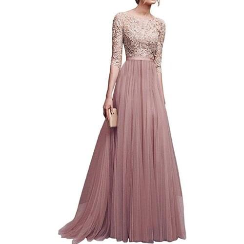 Women Round Neck 3/4 Sleeve Lace Patchwork Slit Up A-line Maxi Dress Party Gown Party Wedding Elegant dress