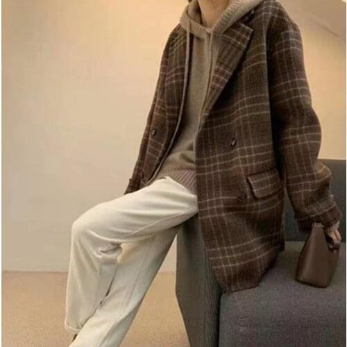 2021 Autumn And Winter Check Double-sided Wool Coat Womens Single-breasted Straight Wool Coat Small Suit Jacket