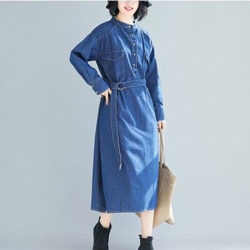 #2406 A-line Denim Dresses Women With Belt Blue Loose Korean Style Jeans Midi Dress Women Long Sleeves Spring Autumn 2021