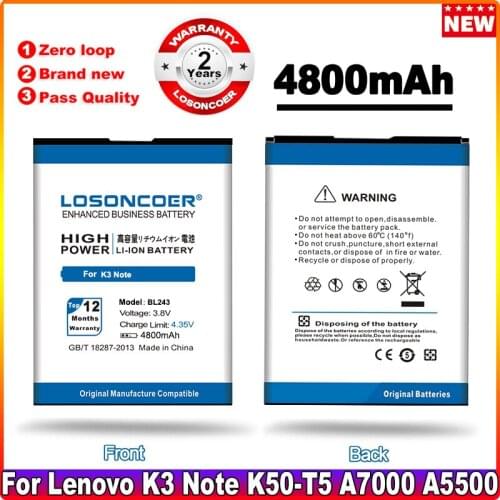 LOSONCOER 4800mAh BL243 Battery For Lenovo K3 Note K50-T5 A7000 A5500 A7600 A5600 A7600-M Battery