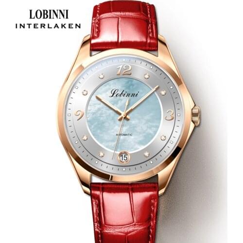 LOBINNI High-End Seagull Movement Womens Watch Mother-of-Pearl Dial Design Luxury Mechanical Woman Wristwatch