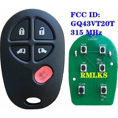 FCC ID: GQ43VT20T 5+1 5 Button Remote Key Fob for Toyota Highlander Sequoia Tacoma Tundra Sienna 2010-2017