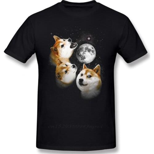 Three Doge Moon Shiba Inu T Shirt For Male Soft Homme Tee Shirt Crewneck Faddish Harajuku Streetwear
