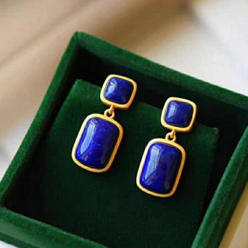 Natural Hetian Jade Lapis Lazuli Square Stud Earrings Inlaid Sterling Silver S925 Elegant and Ethnic Style Geometric Retro Ladi