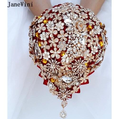 JaneVini 2020 Luxury Waterfall Crystal Burgundy Wedding Bouquet Bling Rhinestone Handmade Satin Roses Flowers Bridal Accessories