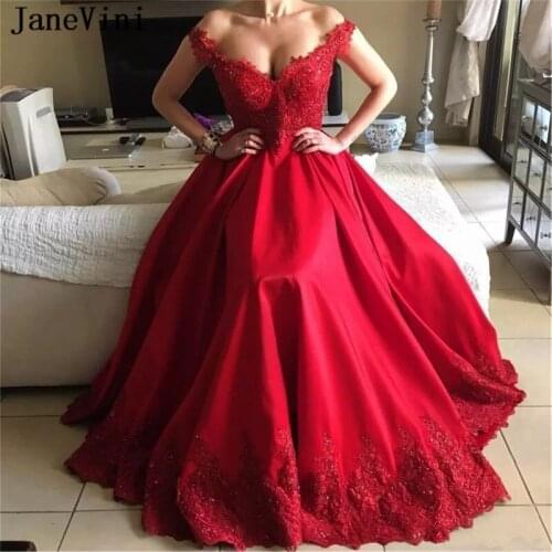JaneVini Sexy Red A Line Long Evening Dresses Off Shoulder Appliques Beade Backless Satin Plus Size Evening Gowns Vestiti Lunghi