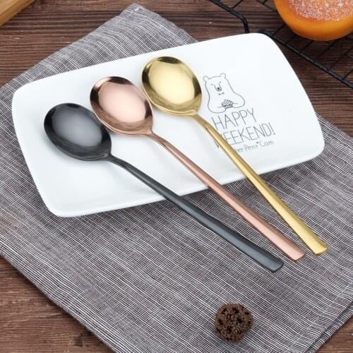 Korean Stainless Steel Spoon Solid Long Handle Coffee Stirring Spoon Flat Spoon Creative Meal Spoon Breakfast Dinner Spoon