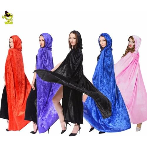 Halloween Wizard Hooded Cape Costume Long Velvet Cloak Robe Cosplay Medieval Red Witch Cape Costumes For Adult