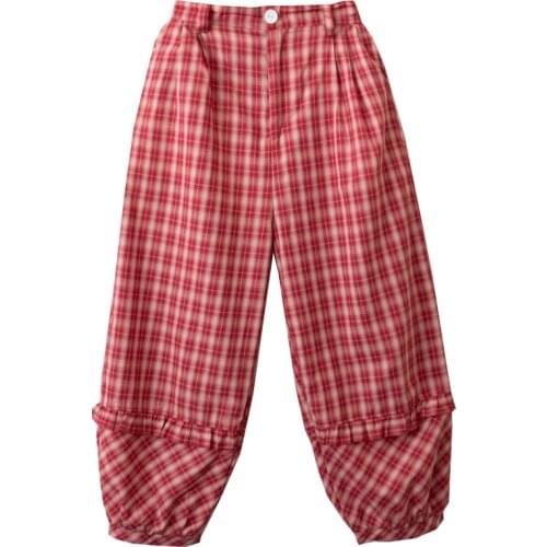 Red Plaid Women Pants Elastic Waist Ruffles Patchwork Harem Pants 2020 Autumn Mori Girl Style Trousers Loose Casual Ladies Pants