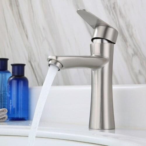 304 Stainless Steel Basin Faucet Brushed Single Holder Single Hole Hot and Cold Water Mixer Sink Tap for Bathroom Washroom Hotel