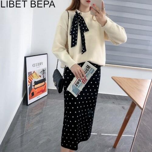 New 2021 Autumn Woman Sets 2 Piece Knitted Matching Skirt Dot Split Lace Up Harajuku Korean Style Elegant Lady Suits WS1133JX
