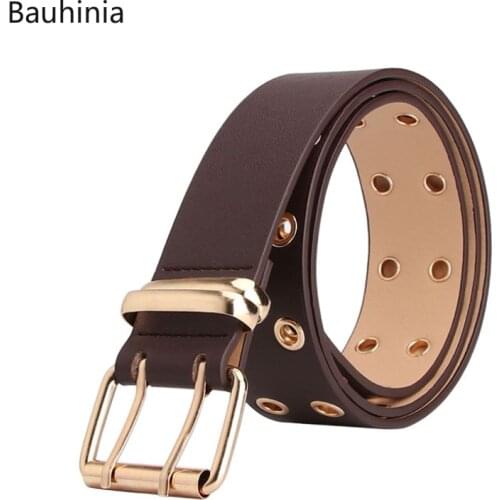 New 105*3.8cm Ladies Double-row Holes Fashion Simple Personality Belt Gold Decorative Dress Pin Buckle Belt 8 Colors Optional