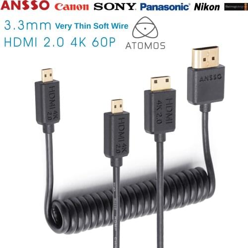 D&W Ansso HDMI spring line HDMI 2.0,4K 60P;18Gbps;HDR; 3.3mm very fine flexible wire 20cm 45cm Atomos SHOGUN 7、SHOGUN INFERNO