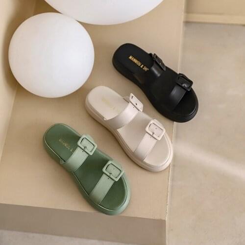 Shoes Women Buckle Genuine Leather Flat Sandals Round Toe Flat Platform Shoes Ladies Summer Causal Slippers