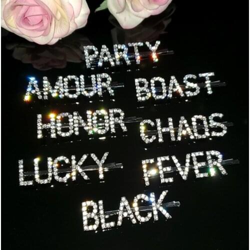 Word Hairclips "PARTY,AMOUR,BOAST,HONOR,CHAOS,LUCKY,FEVER,BLACK" Blingbling Crystal Letters Hairpins Hair Accessories WHOLESALE