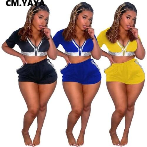 CM.YAYA Active Sequins Patchwork Sweatsuit Women Set Zipper Tops and Short Matching Set Tracksuit Two 2 Piece Set Fitness Outfit