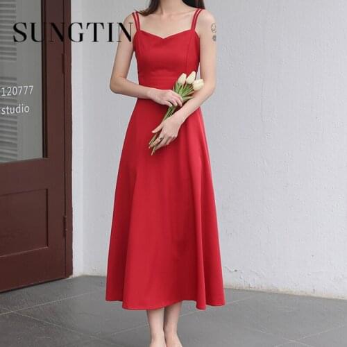 Sungtin Backless Red Spaghetti Strap Long Party Dress Women Sexy V Neck Sleeveless Cross Dress Empire Elegant Vintage Vestidos