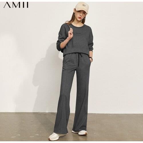 Amii Minimalism Spring New Women Hoodies Set Causal Oneck Letter Loose Women Pullover Elastic waist Long Women Pants 12140172