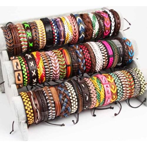 Handmade 50pcs/Lots Black Brown Coffee Mens Womens Vintage Leather Surfer Wrist Cuff Bracelets Jewelry (Size adjustable)