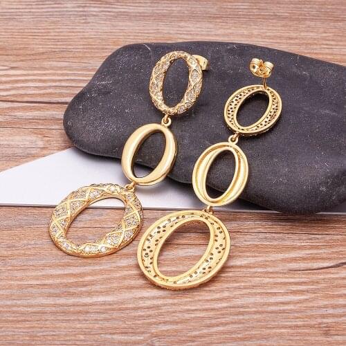 High Quality 3 Ovals Geometric Drop Earrings Wedding Party Jewelry Copper Zircon Dangle Earrings New Fashion Bridal Accessories