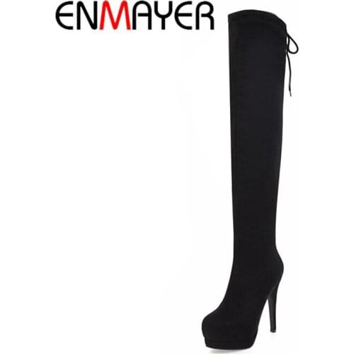 ENMAYER Women Flock Over The Knee Boots Basic Boots Winter Round Toe Thin Heels Lace Up Platform Shoes Thigh High Boots CR1007