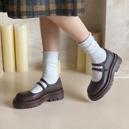 Spring Women Platform Flat Shoes Elegant Microfiber Pigskin Inside Casual Woman Black Brown White Buckle Strap Flat Shoes M039