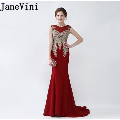 JaneVini Vestidos Mermaid Satin Mother of The Bride Dresses 2018 Sheer Neck Gold Lace Applique Beaded Evening Gowns Sweep Train