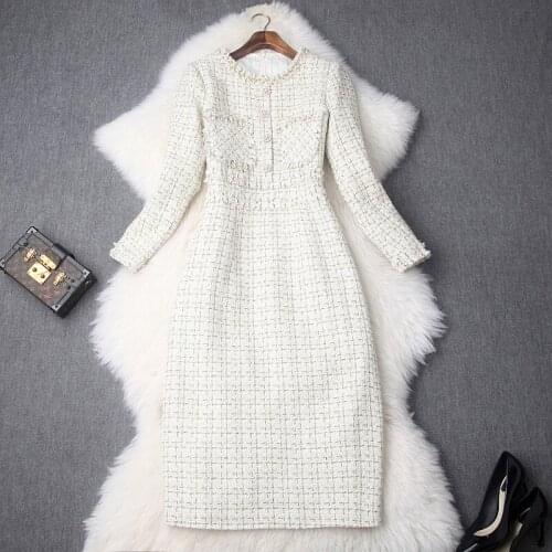 Autumn Winter Minimalist Women Tweed Bodycon Dress Plaid Beading O-Neck Buttons Back Split Elegant Dress