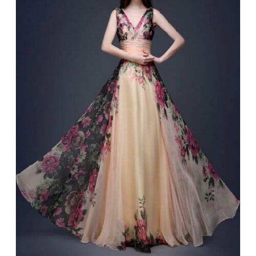 Plus Size Women Party Night Dress Floral Printing Maxi Dress V-neck Sleeveless High Waist Slim Dress Vestidos De Fiesta