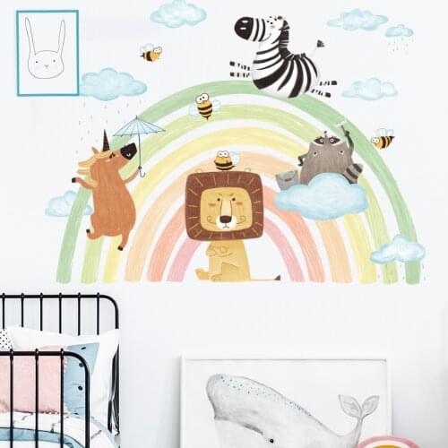Animals Rainbow Bridge Wall Stickers for Kids rooms Baby Bedroom Wall Decor Cartoon Lion Zebra Sticker for Nursery Home Decor