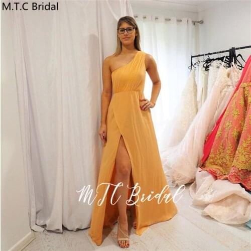 Golden Long Bridesmaid Dresses 2020 One Shoulder Side Slit A Line Elegant Wedding Guest Dress Customize