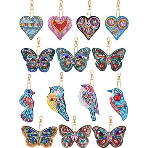 15 Pieces DIY Diamond Painting Keychains 5D Mosaic Full Drill Diamond Keychains Bird Butterfly and Heart Shape Pendant