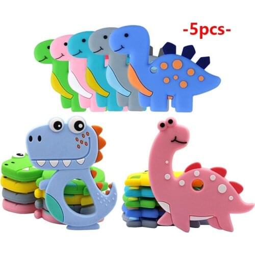 5pcs Dinosaur Shaped Food Grade Silicone Pendant Baby Teethers Necklace Accessory BPA Free Chew Toys