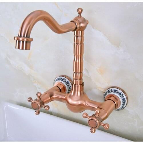 Antique Red Copper Brass Wall Mounted Bathroom Kitchen Sink Faucet Swivel Spout Mixer Tap Double Cross Handles Levers anf942