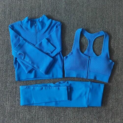 Seamless Yoga Set Zipper Long Sleeve Sport Suit Drawstring High Waist Gym Leggings Workout Clothes For Women Sportswear