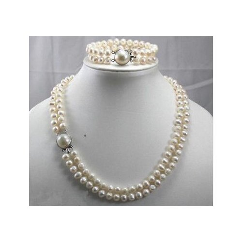 Hot selling free shipping Unique Charming White Real Natural Pearl & Pearl Clasp Necklace & Bracelet 7-8mm