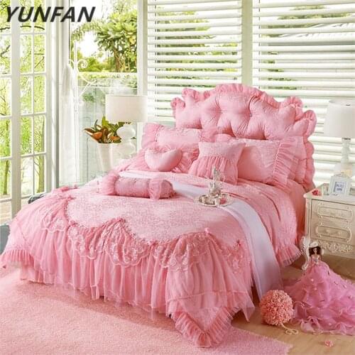 Pink Lace Princess Wedding Luxury Bedding Set King Queen Size Silk Cotton Stain Bed set girls Duvet Cover Bedspread Pillowcase