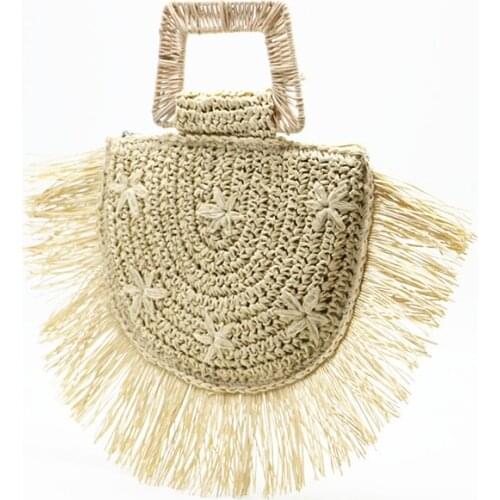 Half-round Moon Summer Beach Bags Trapezoidal Handle Fan-shaped Handbag Handmade Tassel Straw Bags 2021 Raffia Rattan Woven Bags