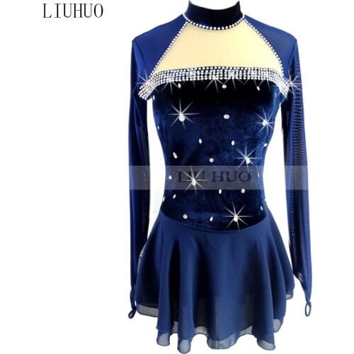 Figure Skating Dress Womens Girls' Ice Skating Dress Dark blue Stand collar long sleeveBack hidden zipper Sparkling rhinestones