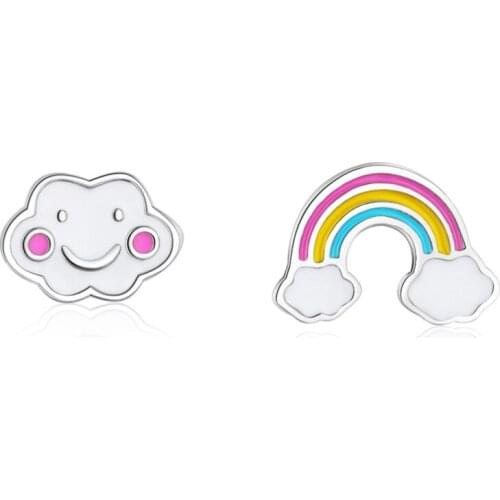 Cute Rainbow Asymmetric Stud Earrings 925 Silver For Women Kids Birthday Gift Jewelry